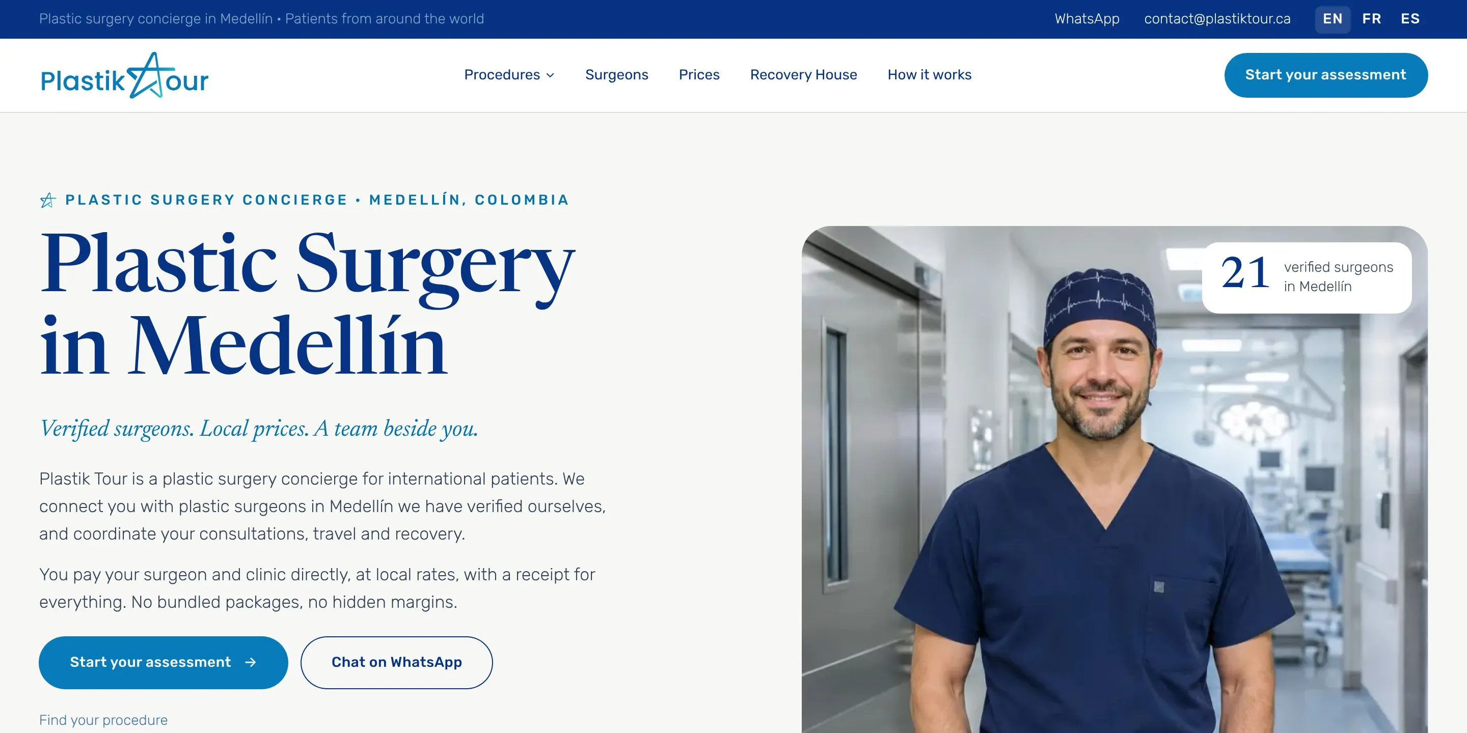 Marque, site et contenu pour un service qui met les patients en relation avec des chirurgiens certifiés à Medellín.