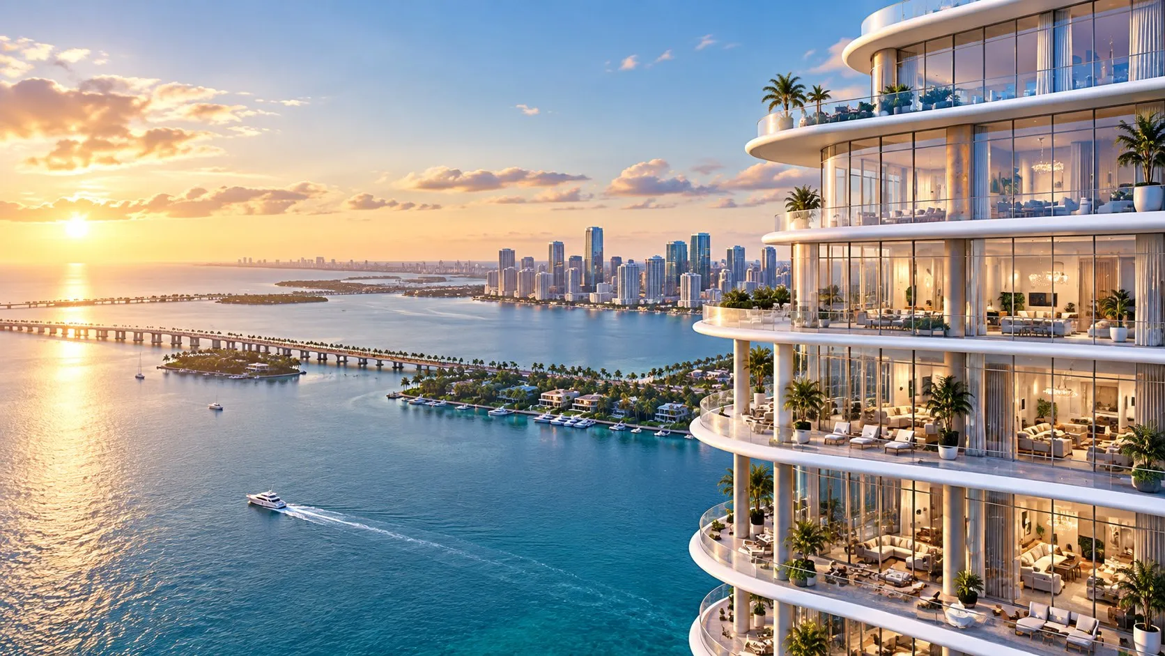 A Miami tower with terraces over Biscayne Bay at sunset, from the Velaire Miami website