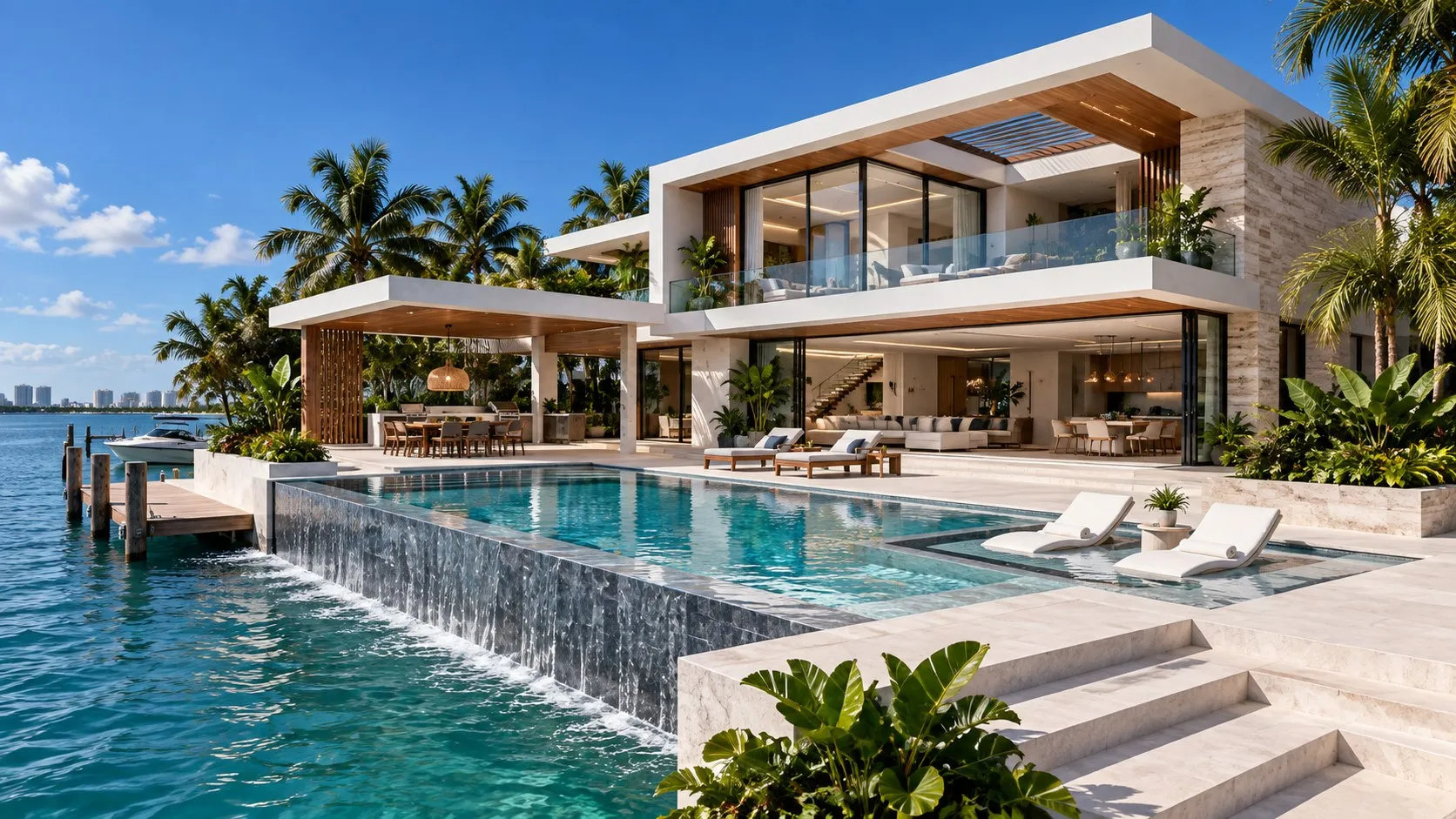 A waterfront villa exterior, from a Velaire Miami listing